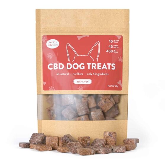 CBDNorth Beef Liver CBD Dog Treats 450mg pouch with scattered square treat pieces – buy CBD dog treats Canada