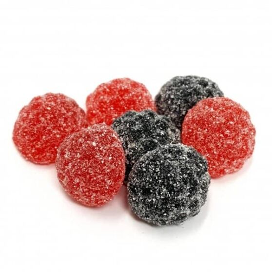 Red and black sugar coated Mystic Medibles CBD Sour Berry Bombs on white background – buy CBD gummies Canada