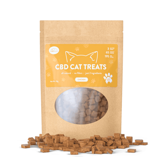 CBDNorth Freeze Dried Chicken CBD Cat Treats pouch 195mg total with scattered square treats – buy CBD cat treats Canada
